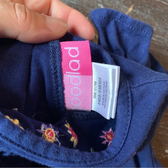 3/$12 Navy Blue Ruffled Short Sleeve Shirt with Flower Details - Picture 3 of 5